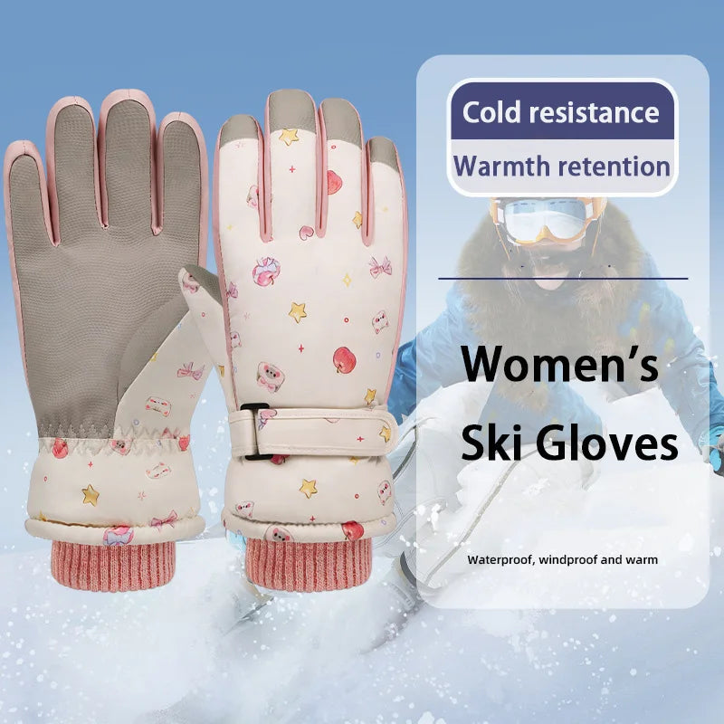 Cute Women's Ski Gloves For Warmth And Protection, With Fleece Lining, Touchscreen Design, And Waterproof Winter Outdoor Gloves.