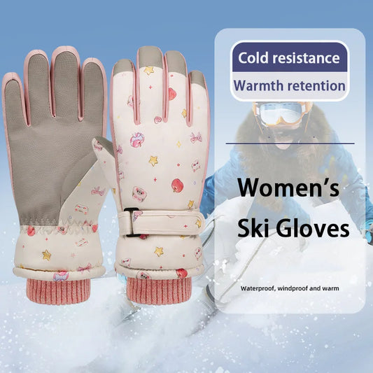 Cute Women's Ski Gloves For Warmth And Protection, With Fleece Lining, Touchscreen Design, And Waterproof Winter Outdoor Gloves.