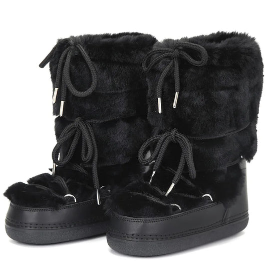2025 Winter Snow Boots Women Ski Boots Luxury Fluffy Furry Fur Boots Female Rivets Warm Waterproof Platform Black Cotton Boots