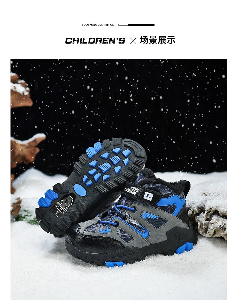 Winter Fur Hiking Shoes Kids Non-slip Claw Sports Shoes Outdoor Warm Velvet Snow Boots Children High Top Platform Sneakers Boys