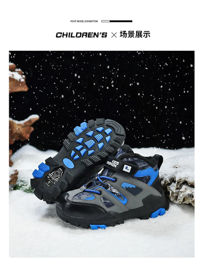 Winter Fur Hiking Shoes Kids Non-slip Claw Sports Shoes Outdoor Warm Velvet Snow Boots Children High Top Platform Sneakers Boys