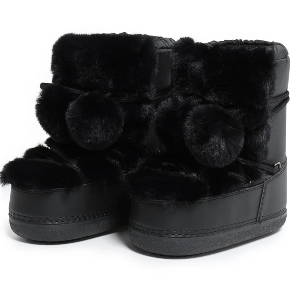 2025 Winter Snow Boots Women Boots Brand Design Fluffy Furry Fur Boots Waterproof Platform Non-slip Lace-up Mid-calf Ski Boots