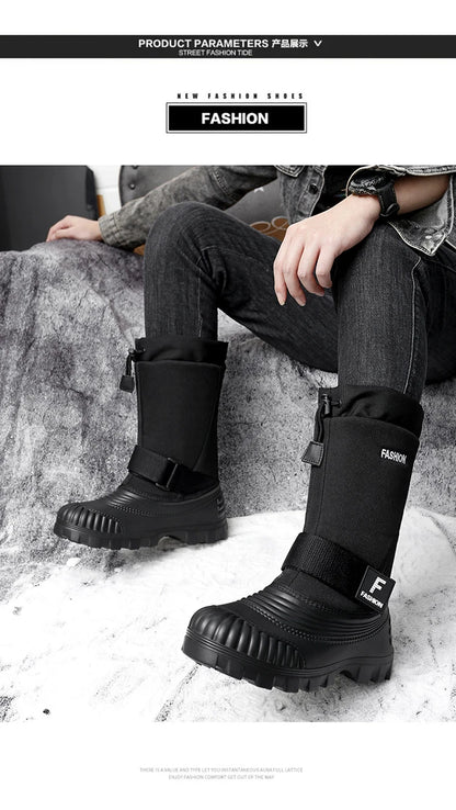 Winter Men's Snow Boots Waterproof Anti Slip Warm Cotton Shoes Outdoor Mid Calf High Top with Plush and Thickened Ski Boots