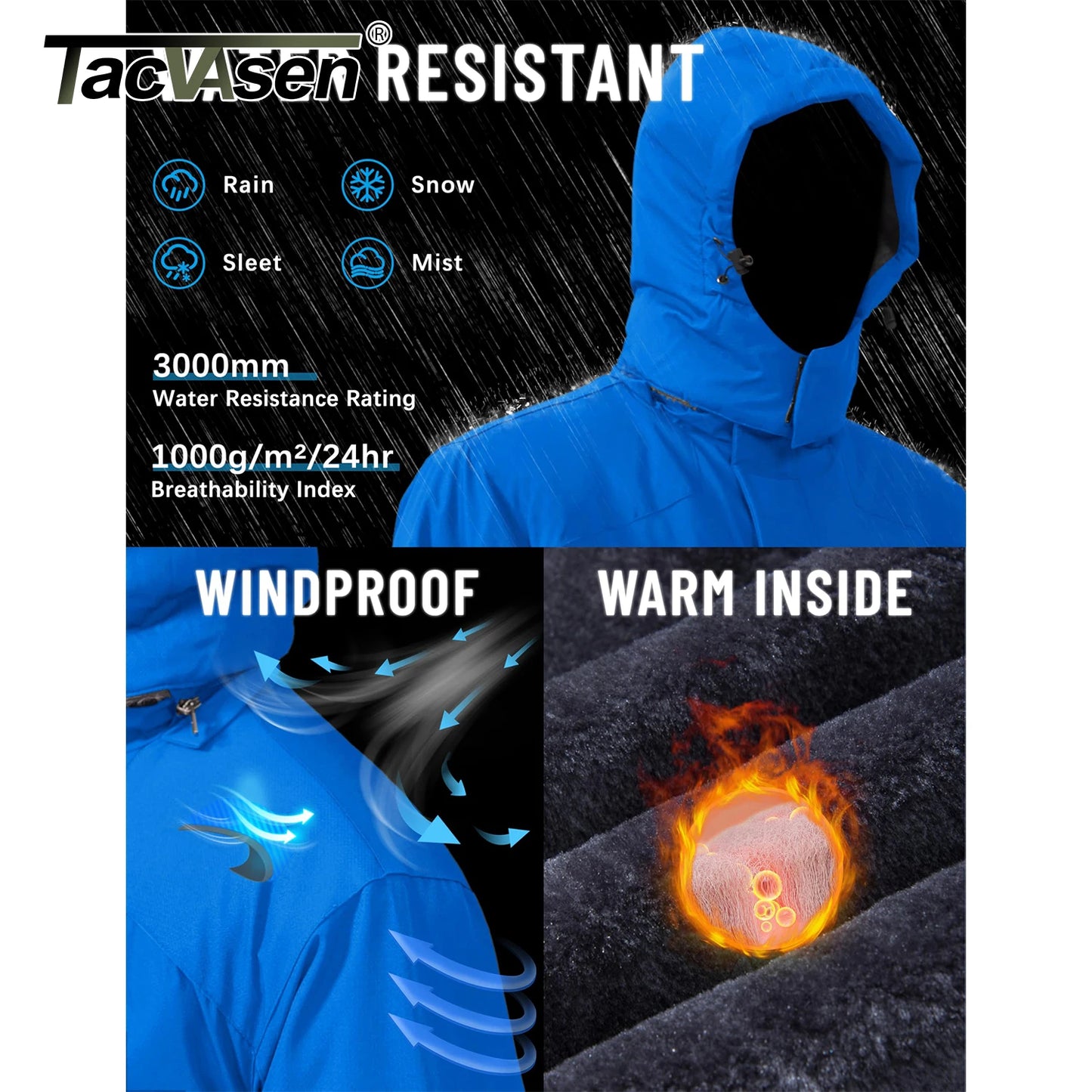 TACVASEN Winter Thicken Ski Snowboard Jacket Mens Fleece Waterproof Hiking Jackets Outdoor Mountain Trekking Windbreaker Parka