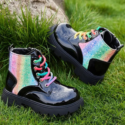 Autumn Winter High-Top Lace-Up Kids Martin Boots for Girls Boys Fashion Leather Boots Soft Bottom Non-slip Children Hiking Shoes