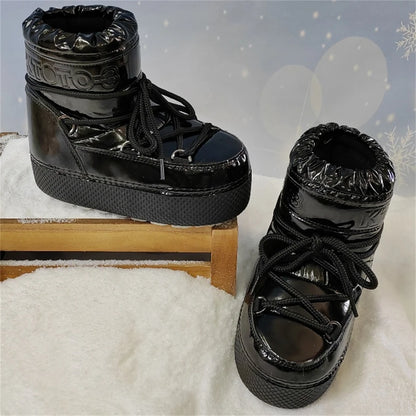 Women Platform Boots 2025 Winter Ski Boots Woman Non-slip PU Leather Waterproof Snow Boots Black Sponge Cotton Lined Ankle Boots
