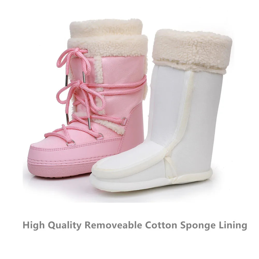 2025 Winter Snow Boots Women Boots Brand Design Fluffy Furry Fur Boots Waterproof Platform Non-slip Lace-up Mid-calf Ski Boots