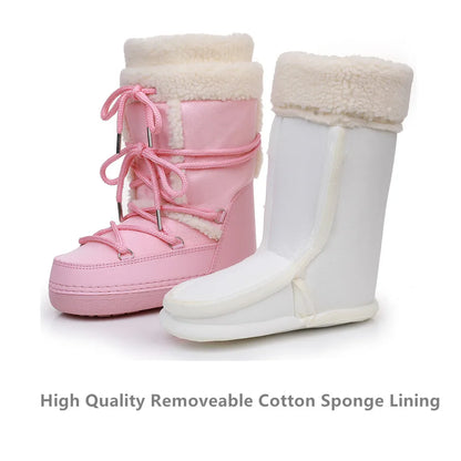 2025 Winter Snow Boots Women Boots Brand Design Fluffy Furry Fur Boots Waterproof Platform Non-slip Lace-up Mid-calf Ski Boots