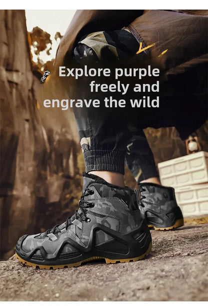 Cross-Border Autumn/Winter High-Top Men's Outdoor Non-Slip Climbing Boots Plus Size Thickened Warm Cotton Shoes Fleece-Lined