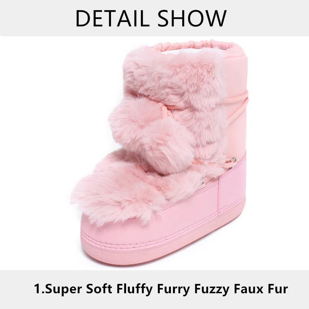 2025 Winter Snow Boots Women Boots Brand Design Fluffy Furry Fur Boots Waterproof Platform Non-slip Lace-up Mid-calf Ski Boots