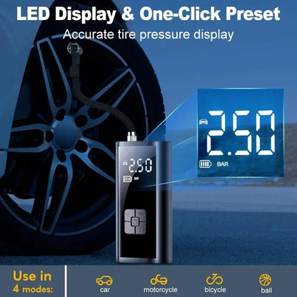 Tire pressure monitor with digital display and LED indicator, showing tire pressure measurement.