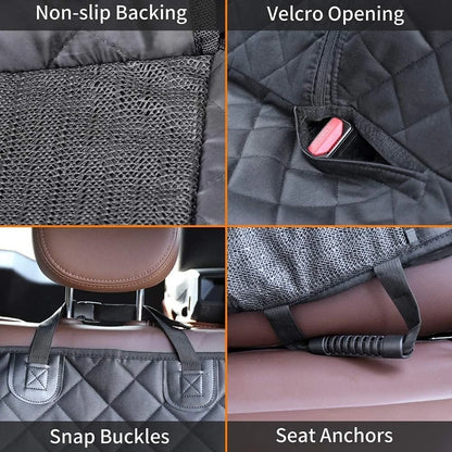car seat cover features including non-slip backing, velcro opening, snap buckles, and seat anchors.