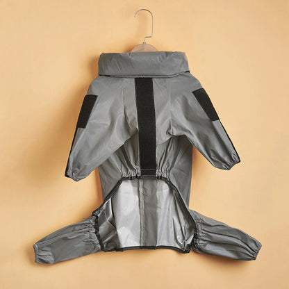 Gray dog raincoat with black accents