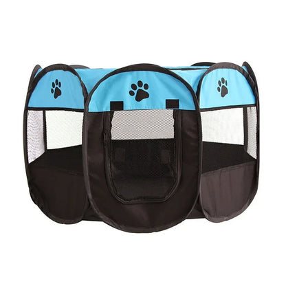 large foldable pet tent with blue top and black sides